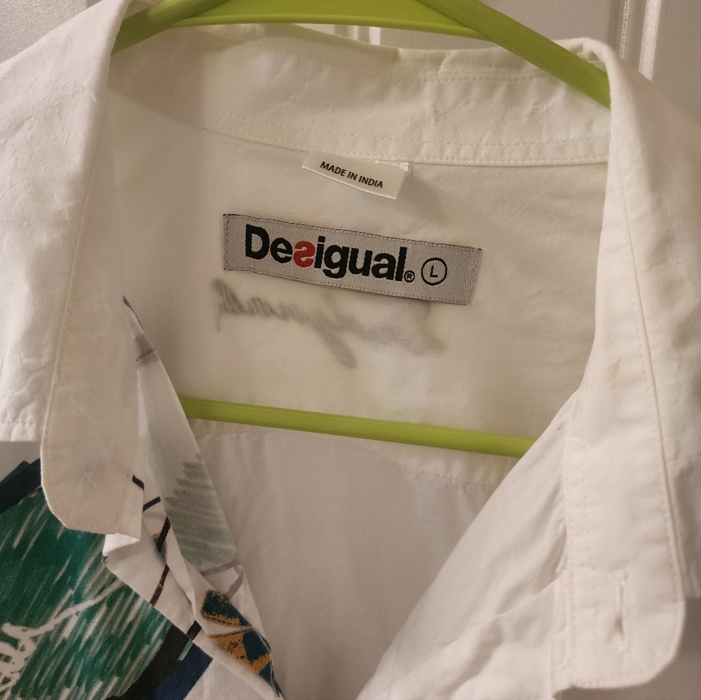Desigual Graphic Button Down Shirt White Art Print Long Sleeve Size L - Picture 9 of 9